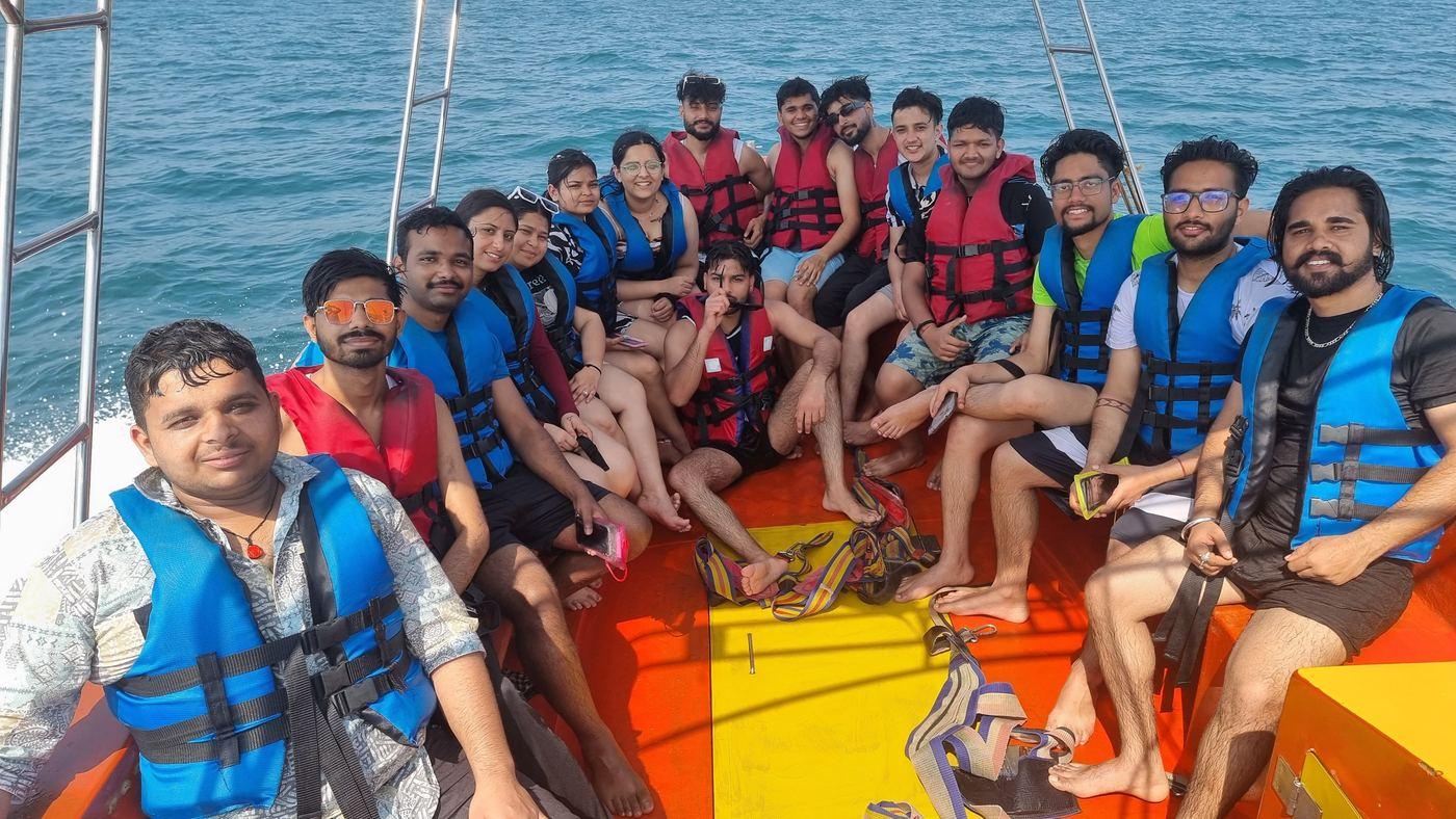 The team out on the water in life jackets during the Goa offsite